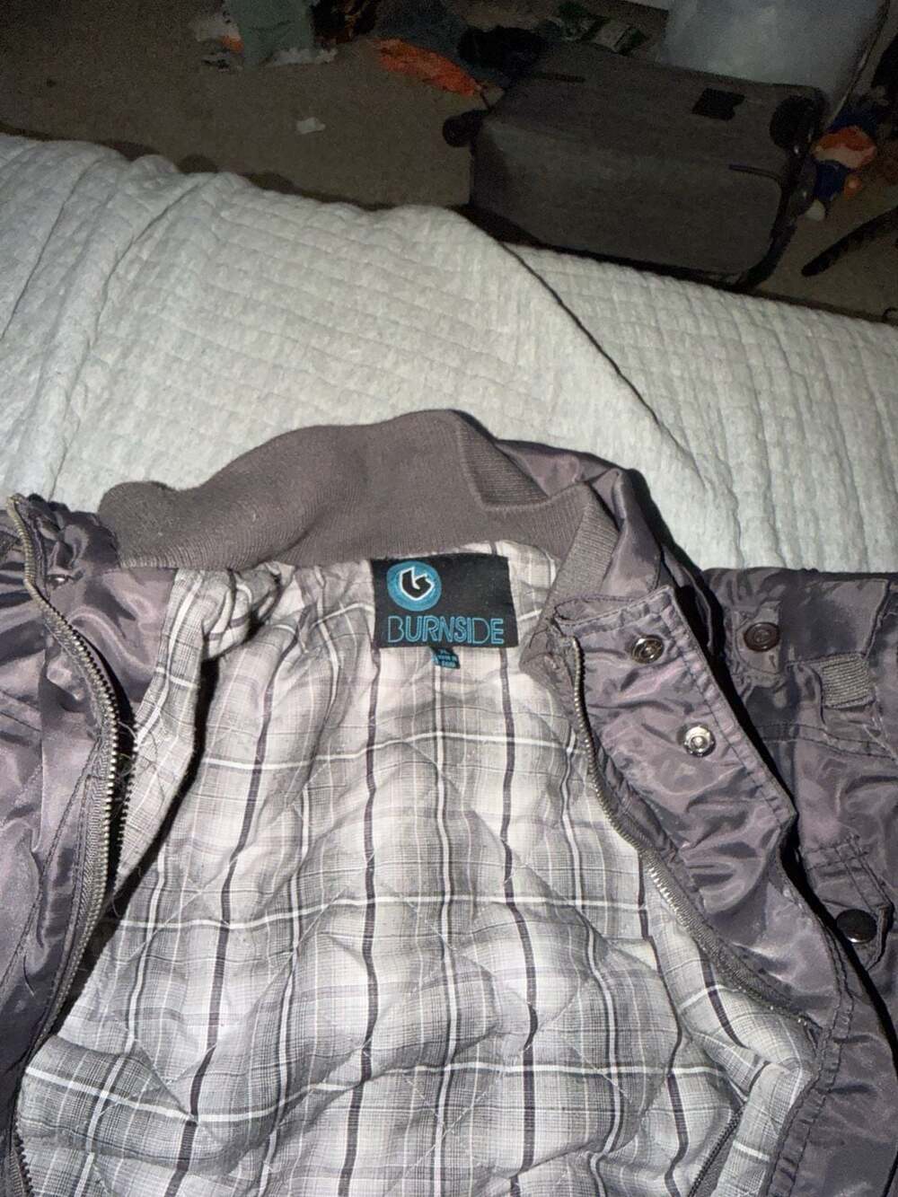 Burnside Men's Charcoal Gray Puffer Jacket with Plaid Quilted Lining